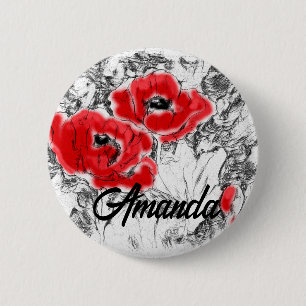 Chapa Redonda De 5 Cm Lápiz esquematizado a mano adornos rojos flores fl