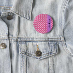 Chapa Redonda De 5 Cm Latticework rosado, Quatrefoil, Trellis, Su Nombre