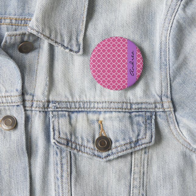 Chapa Redonda De 5 Cm Latticework rosado, Quatrefoil, Trellis, Su Nombre (In situ)