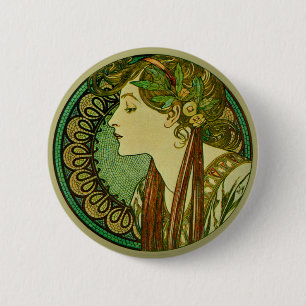 Chapa Redonda De 5 Cm Laurel, Alphonse Mucha Vintage Art Nouveau