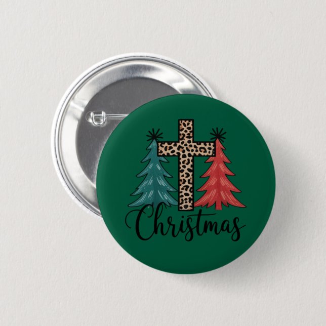 Chapa Redonda De 5 Cm Leopard Cross Christmas Trees Christian (Anverso y reverso)