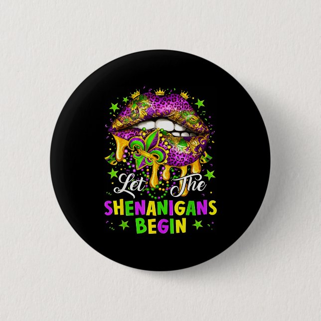 Chapa Redonda De 5 Cm Let The Shenanigans Begin Mardi Gras Lips Girl Wom (Anverso)