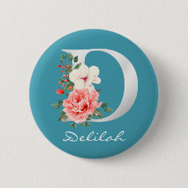 Chapa Redonda De 5 Cm Letra D floral | Monograma blanco metálico