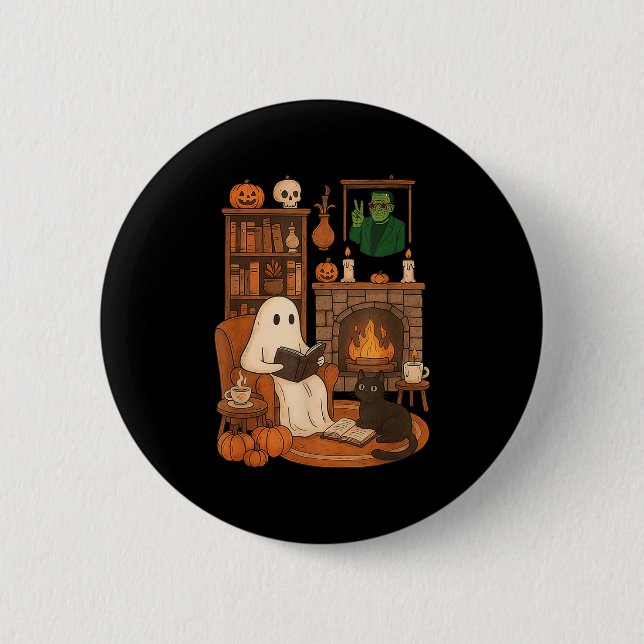 Chapa Redonda De 5 Cm Libro de lectura de fantasmas acogedores de Hallow (Anverso)