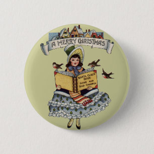 Chapa Redonda De 5 Cm Libro de niña vintage y Papá Noel de Navidad