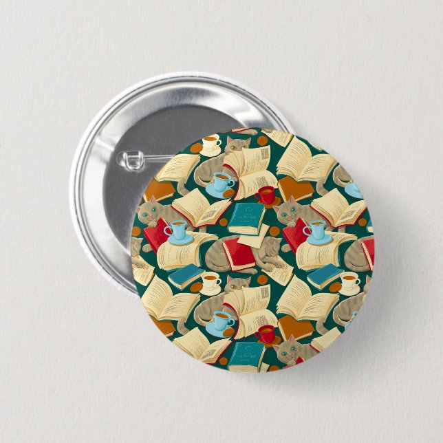 Chapa Redonda De 5 Cm Libros y gatos (Anverso y reverso)