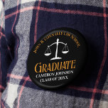 Chapa Redonda De 5 Cm Licenciatura en Derecho por Naranja Negro Keepsake<br><div class="desc">Este moderno botón de graduación de la escuela de leyes para personalizados negros y naranjas presenta tipografía elegante para una clase de graduado en 2024. Personalizar con su año de graduación bajo la balanza blanca de la justicia por un gran regalo personalizado de abogado o abogado.</div>