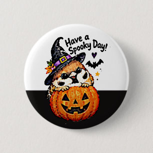 Chapa Redonda De 5 Cm Lindo pájaro gorrión chibi de Halloween calabaza