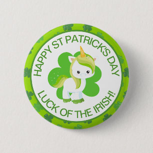 Chapa Redonda De 5 Cm Lindo Unicornio Irlandés Sonriente Verde Afortunad
