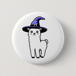 Chapa Redonda De 5 Cm Llama Esponjosa y Linda de Halloween con Bruja Púr