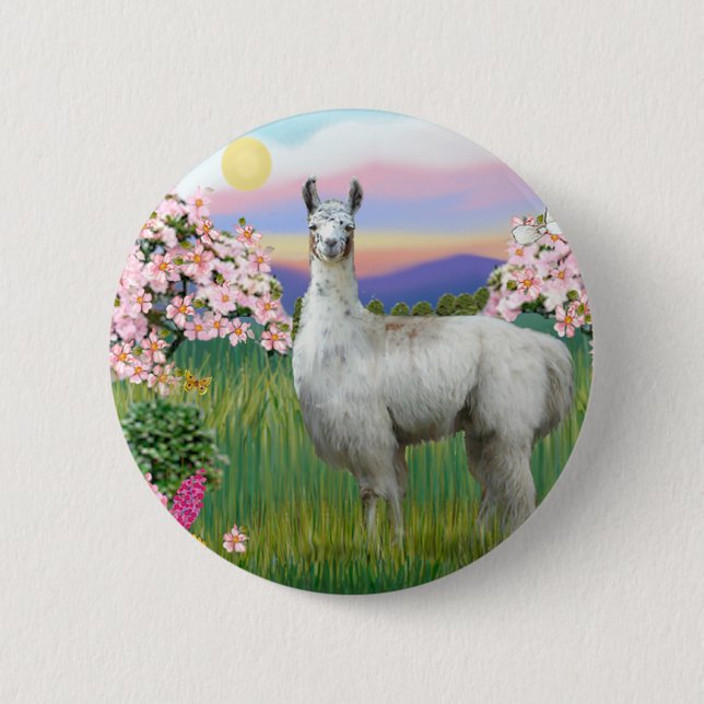 Chapa Redonda De 5 Cm Llama y flores de primavera (Anverso)