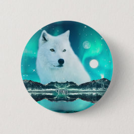 Chapa Redonda De 5 Cm Lobo ártico y noche mágica con luces del norte