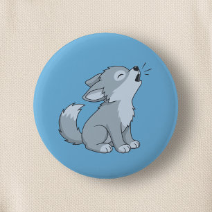 Chapa Redonda De 5 Cm Lobo Cachorro Aullador en Azul