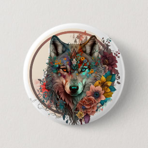 Chapa Redonda De 5 Cm Lobo colorido con flores