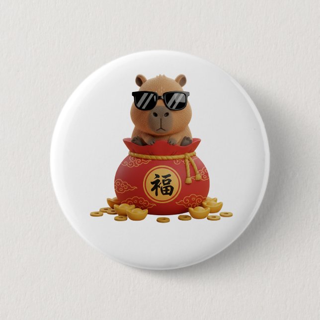 Chapa Redonda De 5 Cm Lucky Fortune Bag Capybara Chinese New Year Button (Anverso)