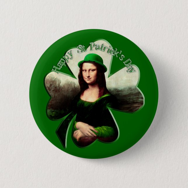 Chapa Redonda De 5 Cm Lucky Mona Lisa St Patrick's Day Shamrock (Anverso)