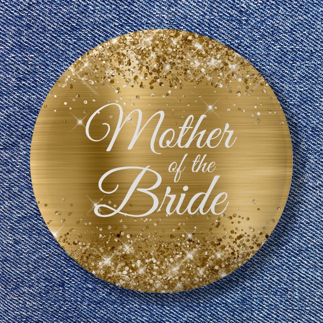 Chapa Redonda De 5 Cm Madre del Relieve metalizado dorado Purpurinoso de (Mother of the Bride Glittery Gold Foil Button)