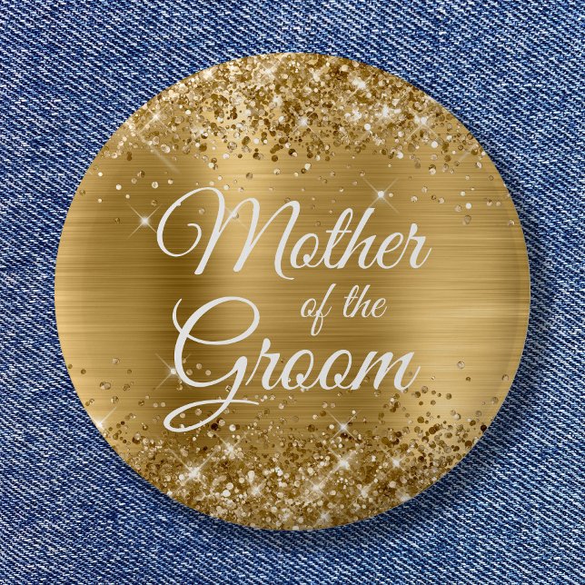 Chapa Redonda De 5 Cm Madre del Relieve metalizado dorado Purpurinoso de (Mother of the Groom Glittery Gold Foil Button)