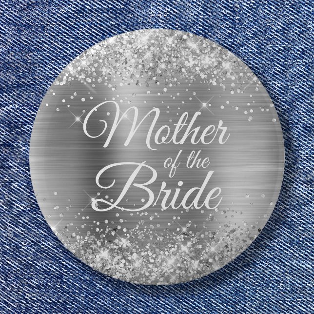 Chapa Redonda De 5 Cm Madre del Relieve metalizado plateado Purpurinoso  (Mother of the Bride Glittery Silver Foil Button)