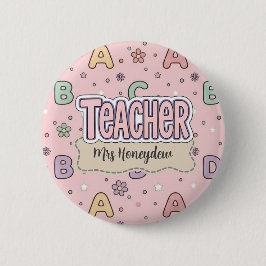 Chapa Redonda De 5 Cm Maestra Letras Rosadas Patrón Escolar