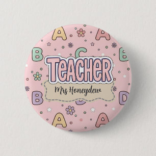 Chapa Redonda De 5 Cm Maestra Letras Rosadas Patrón Escolar