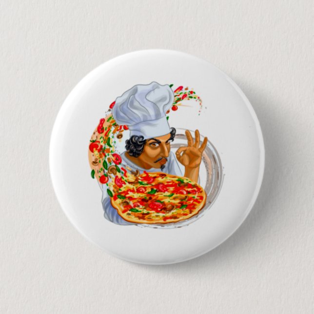 Chapa Redonda De 5 Cm Maestro Pizza Chef Holding Delicious Pizza (Anverso)