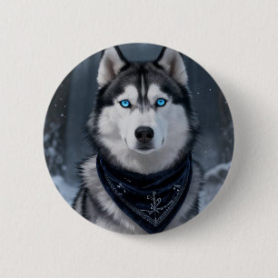 Chapa Redonda De 5 Cm Majestuoso Husky Siberiano Ojos Azules Invierno Ac