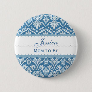 Chapa Redonda De 5 Cm Mamá de Baby Shower a ser AZUL del damasco V02