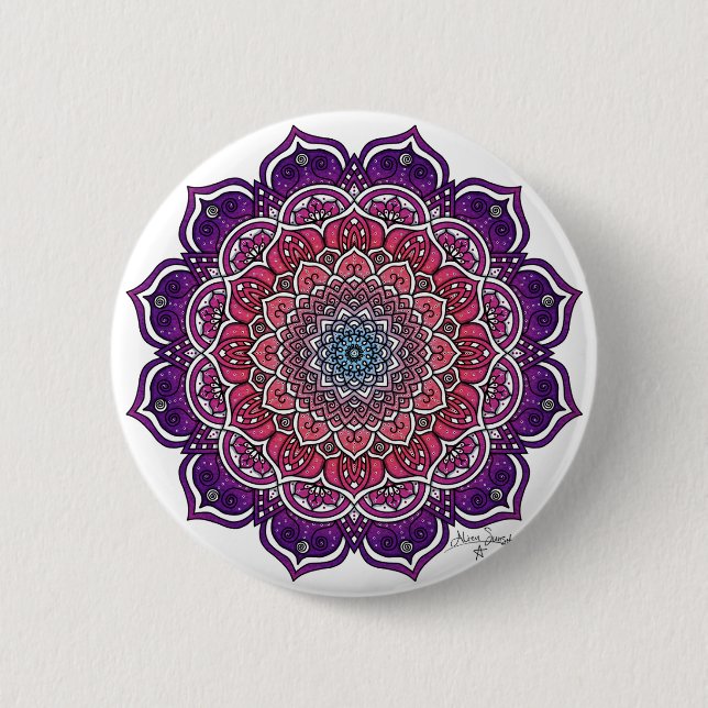 Chapa Redonda De 5 Cm Mandala floral morado-rosada (Anverso)
