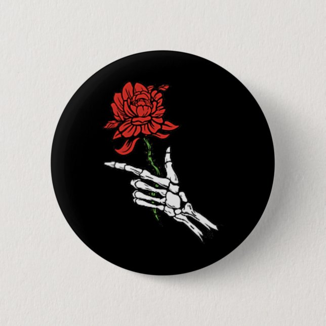Chapa Redonda De 5 Cm Mano De Esqueleto Con Una Rosa Roja (Anverso)
