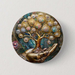 Chapa Redonda De 5 Cm Mano De Robot Dorado Sosteniendo Árbol De Vida Dor