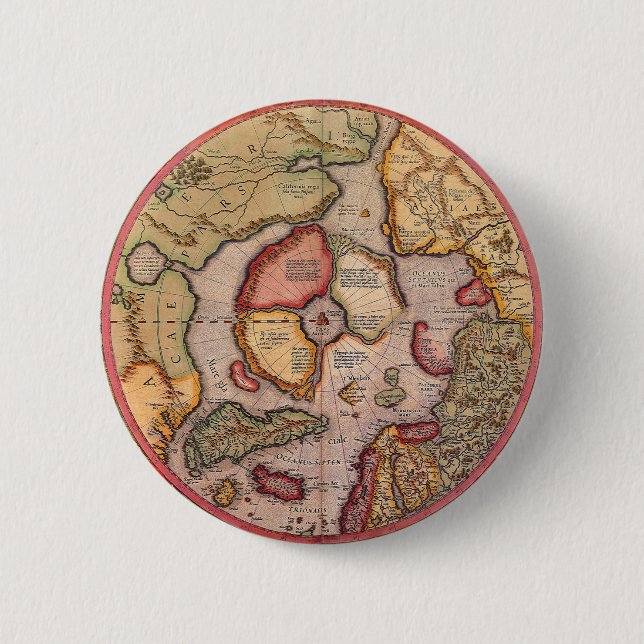 Chapa Redonda De 5 Cm Mapa del Antiguo Mundo, Polo Norte Ártico, 1595 (Anverso)