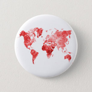 Chapa Redonda De 5 Cm Mapa mundial de la acuarela rojo