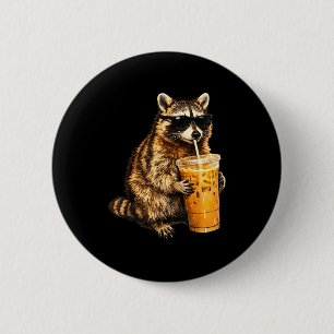 Chapa Redonda De 5 Cm Mapache divertido bebiendo café helado meme de ani