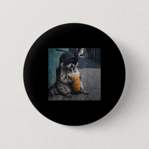 Chapa Redonda De 5 Cm Mapache divertido bebiendo café helado meme de hom