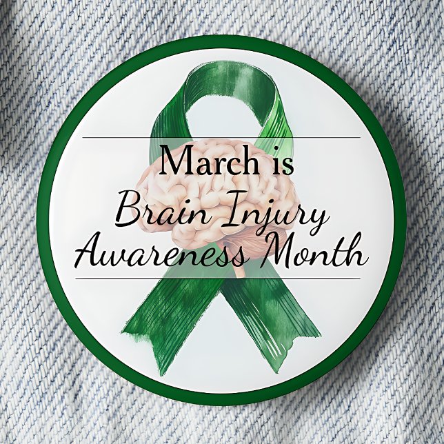Chapa Redonda De 5 Cm Marcha Mes de Concienciación sobre Lesiones Cerebr (March is Brain Injury Awareness Month pinback button.)