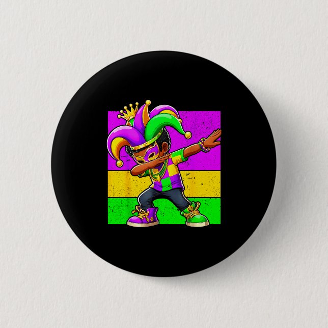 Chapa Redonda De 5 Cm Mardi Gras Funny Dabbing Black Boy Jester Hat Kid  (Anverso)
