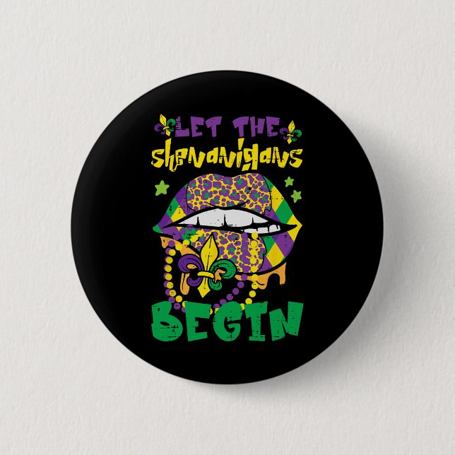 Chapa Redonda De 5 Cm Mardi Gras Lips Dejan Que Shenanigans Comience A M (Anverso)