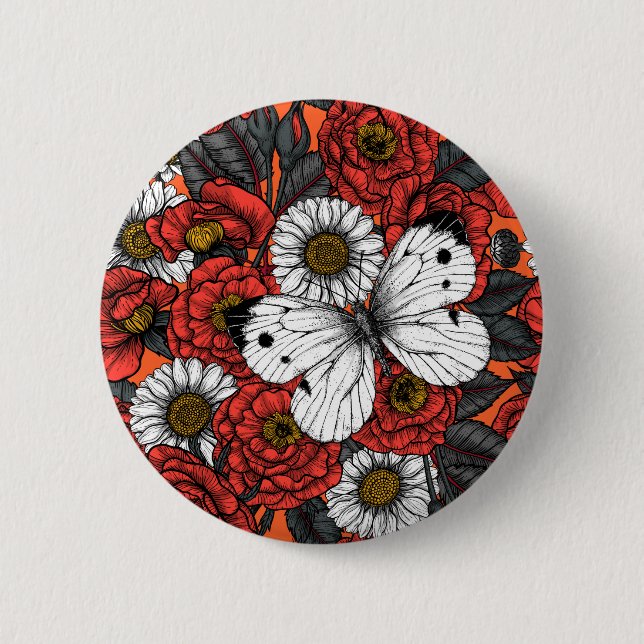 Chapa Redonda De 5 Cm Mariposa blanca y rosas (Anverso)