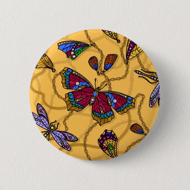 Chapa Redonda De 5 Cm Mariposas y libélulas de joyas en amarillo (Anverso)
