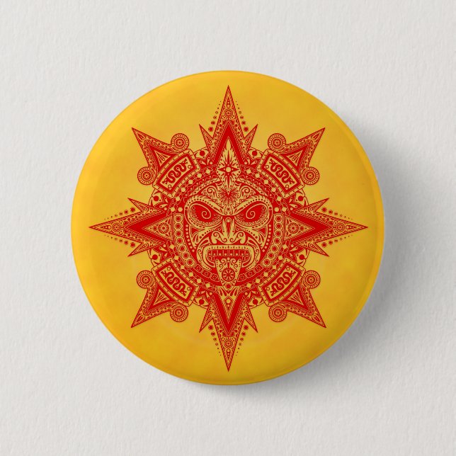 Chapa Redonda De 5 Cm Máscara azteca de Sun - rojo y amarillo (Anverso)