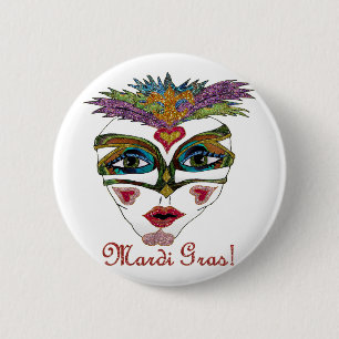 Chapa Redonda De 5 Cm Máscara de plumas de Purpurina del Mardi Gras colo