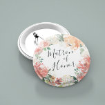 Chapa Redonda De 5 Cm Matrón floral de verano de honor<br><div class="desc">Identifique a los jugadores clave de su ducha de novia con nuestros elegantes botones florales de moda. El botón presenta una corona floral acuarela de peonías rosadas de color turquesa,  flores de hortensias blancas y vegetación botánica con "matrona de honor" inscrita dentro de la escritura con letras a mano.</div>