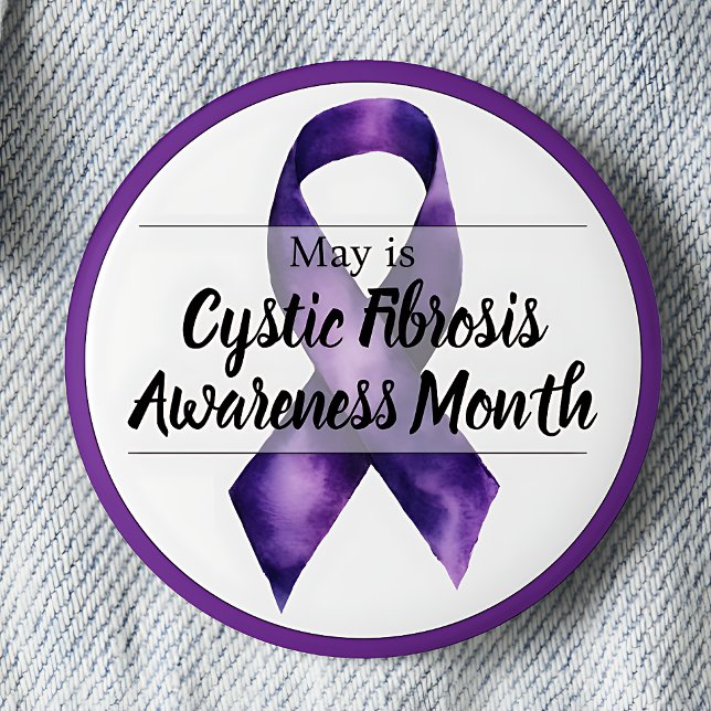 Chapa Redonda De 5 Cm Mayo Mes de Conciencia sobre la Fibrosis Quística (Purple ribbon May Cystic Fibrosis Awareness Month pinback button.)
