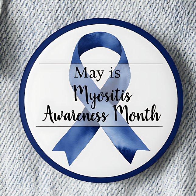 Chapa Redonda De 5 Cm Mayo Mes de Conciencia sobre la Miositis (Blue awareness ribbon. May is Myositis Awareness Month pinback button.)