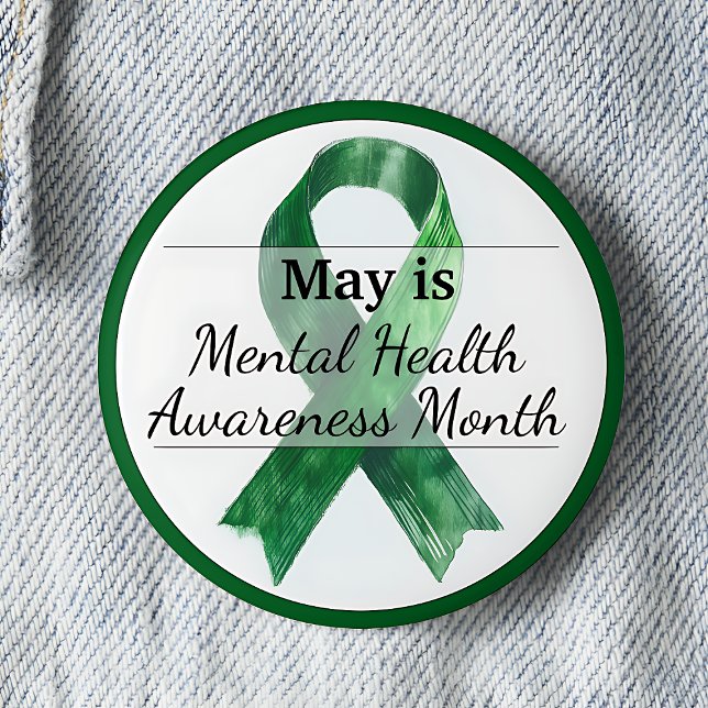 Chapa Redonda De 5 Cm Mayo Mes de Conciencia sobre Salud Mental (May is Mental Health Awareness Month pinback button.  Green awareness button.)