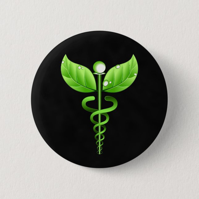 Chapa Redonda De 5 Cm Medicina alternativa Caduceus verde oscuro (Anverso)