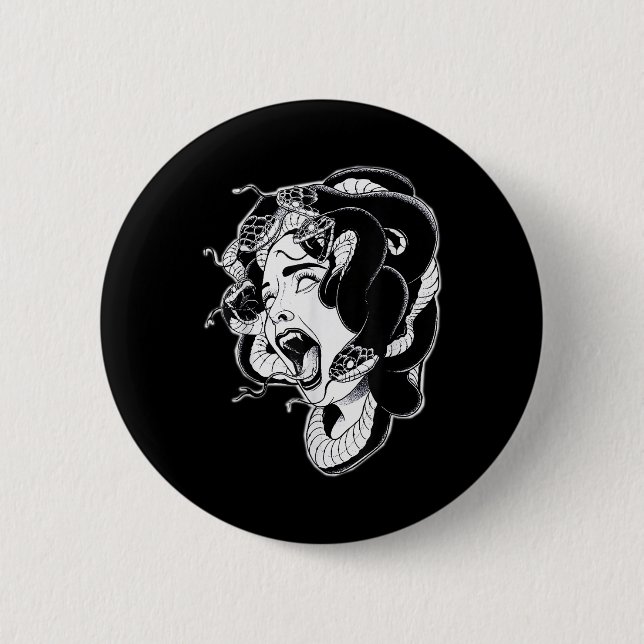 Chapa Redonda De 5 Cm Medusa Blackwork Tattoo Flash (Anverso)