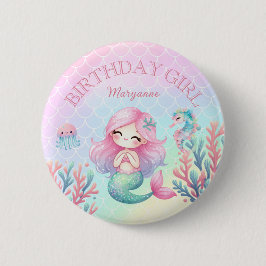 Chapa Redonda De 5 Cm Mermaid Tail Teal Pink Girly Birthday Party