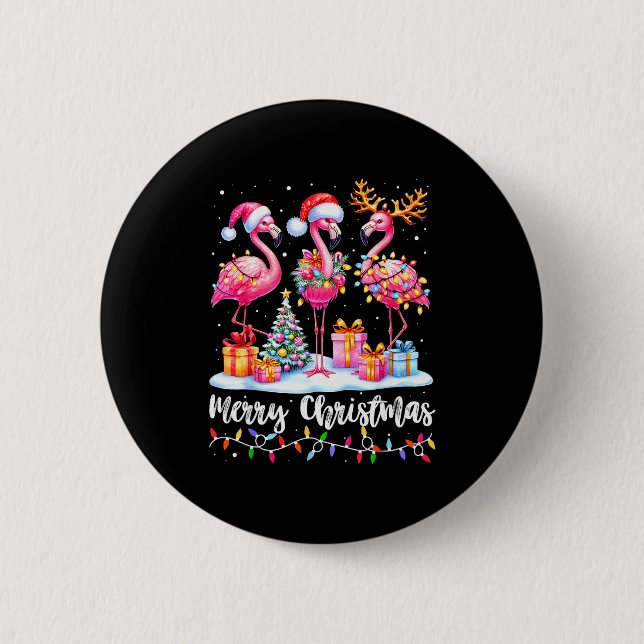 Chapa Redonda De 5 Cm Merry Christmas Flamingo Santa Hat Xmas Pajamas Ho (Anverso)